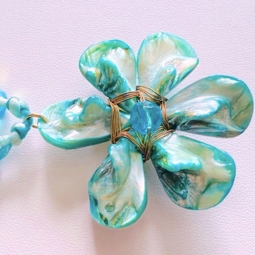 Double Turquoise Colored Chunky Beaded Necklace Large Flower Pendant Medallion - Picture 7 of 13